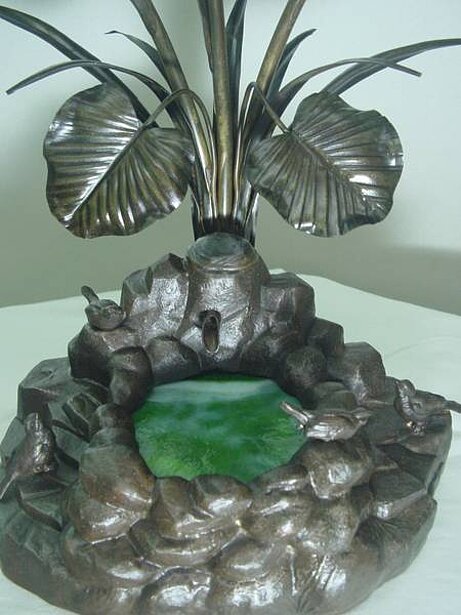 Nr. 35 "Die Vogeltränke" Original Jugendstil-Lampe gemarkt: Muller Fres Luneville, (Blankgeätzt)